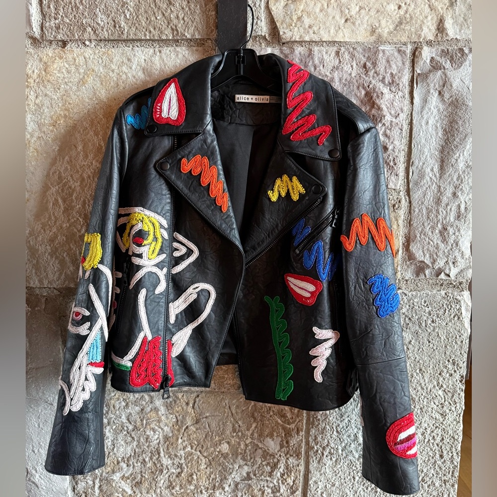 Alice + Olivia Black Leather Moto Jacket with Multicolor Embroidered Accents